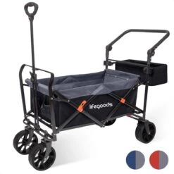 LifeGoods Bolderkar - Opvouwbaar - Tot 120KG - 103L - Extra Draagtas En Duwstang - Wasbaar Polyester - 98x45cm - Zwart/Grijs