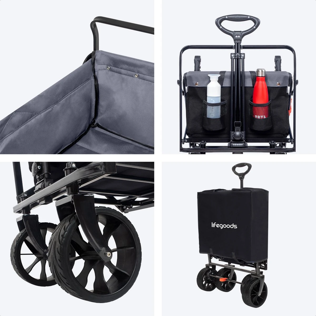 LifeGoods Bolderkar - Opvouwbaar - Tot 120KG - 103L - Extra Draagtas En Duwstang - Wasbaar Polyester - 98x45cm - Zwart/Grijs - Afbeelding 6