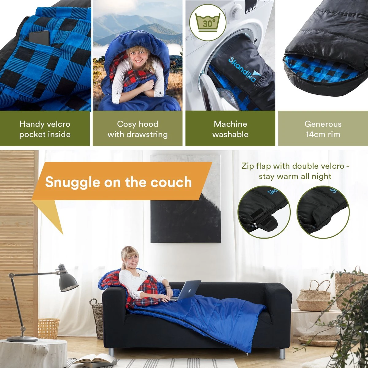 Skandika Dundee Flannel-L Slaapzak – Mummmieslaapzakken – Slaapzakken Volwassen - Maat M – Unisex - Katoen, Luxe Kwaliteit, Dubbele Slaapzak, 3 Seizoenen, Tot -20°C - 220 X 80 Cm - Outdoor Kampeerslaapzak – Ritssluiting Links - Zwart/blauw - Afbeelding 3