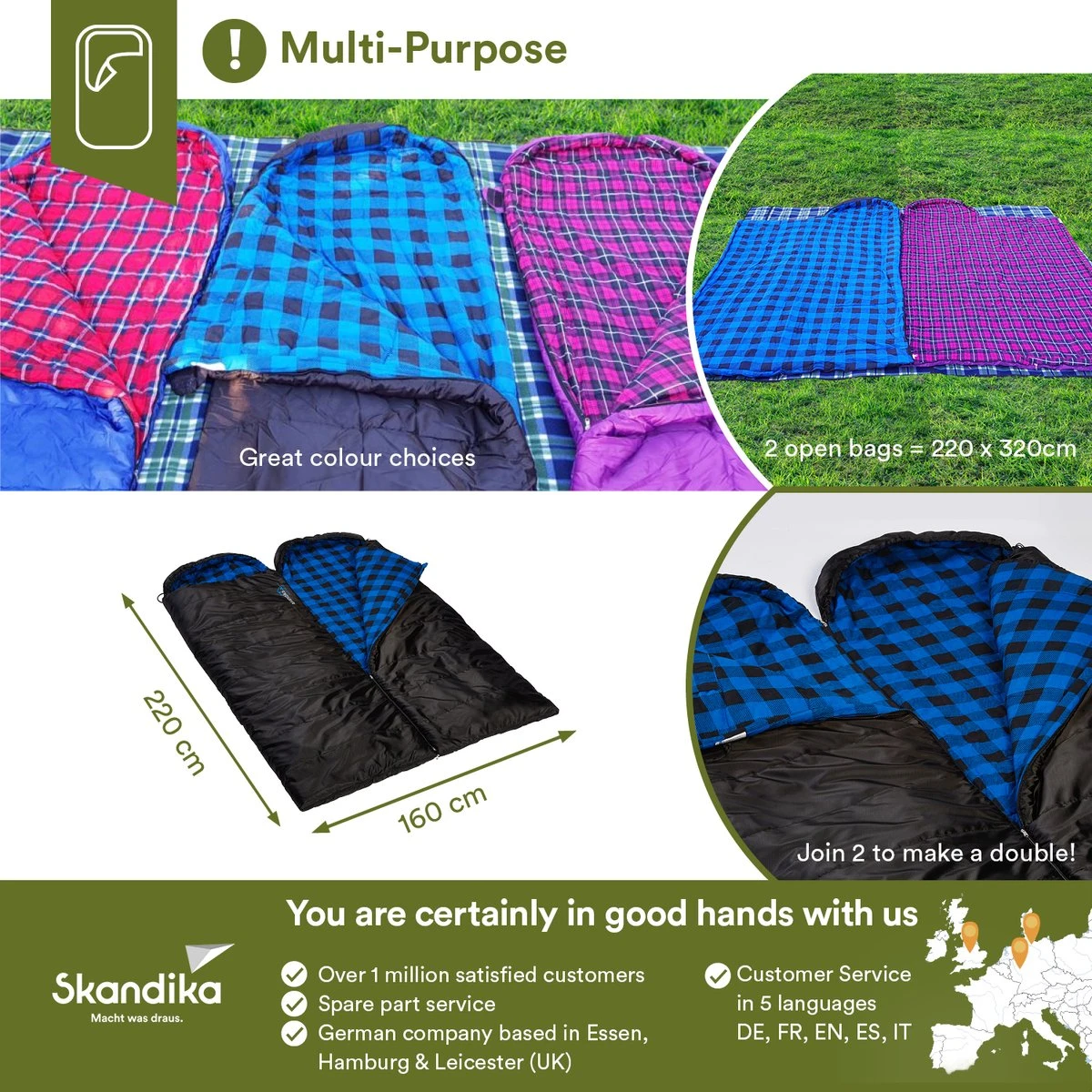 Skandika Dundee Flannel-L Slaapzak – Mummmieslaapzakken – Slaapzakken Volwassen - Maat M – Unisex - Katoen, Luxe Kwaliteit, Dubbele Slaapzak, 3 Seizoenen, Tot -20°C - 220 X 80 Cm - Outdoor Kampeerslaapzak – Ritssluiting Links - Zwart/blauw - Afbeelding 6