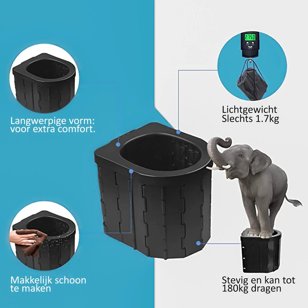 Merkloos Camping Toilet Met Draagtas En 10 Vuilzakken - Toiletemmer Draagbaar Met Deksel - Afbeelding 2