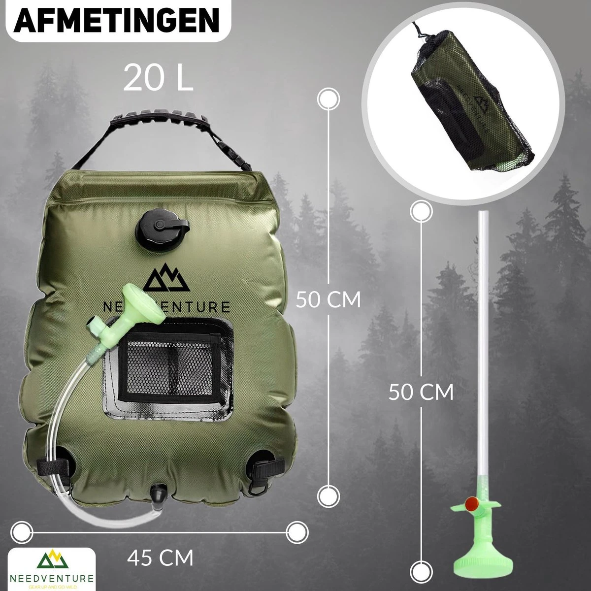 Needventure Solar Douche - Camping Douchezak - Buiten Douche - Tuindouche - Inclusief Thermometer - Waterzak Met Douchekop - 20L - Groen - Afbeelding 3