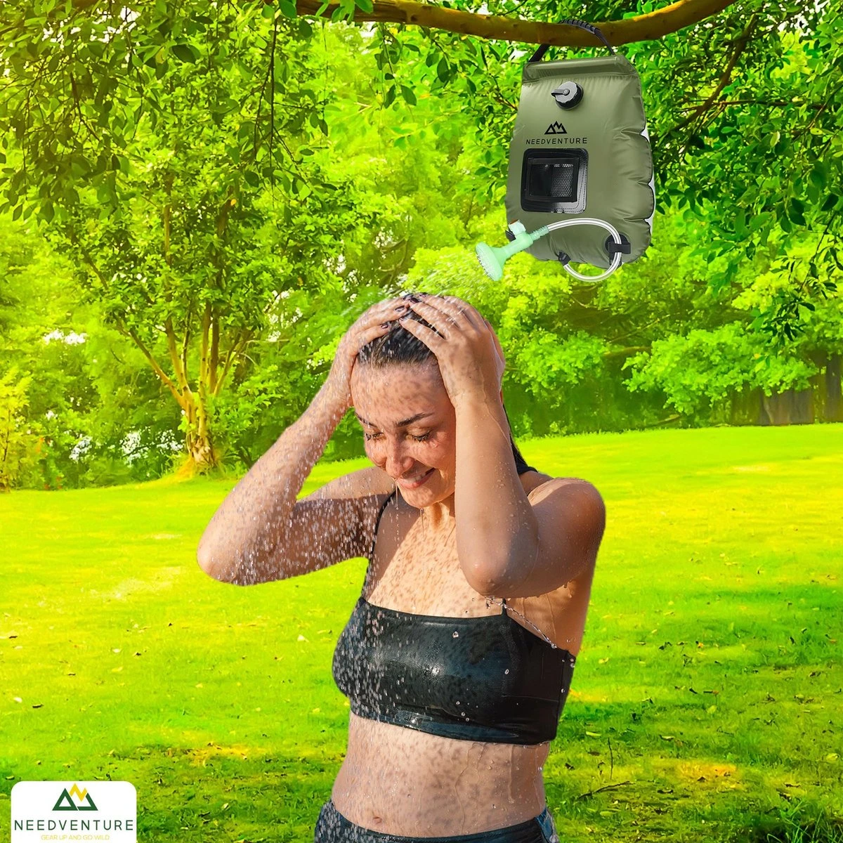 Needventure Solar Douche - Camping Douchezak - Buiten Douche - Tuindouche - Inclusief Thermometer - Waterzak Met Douchekop - 20L - Groen - Afbeelding 4