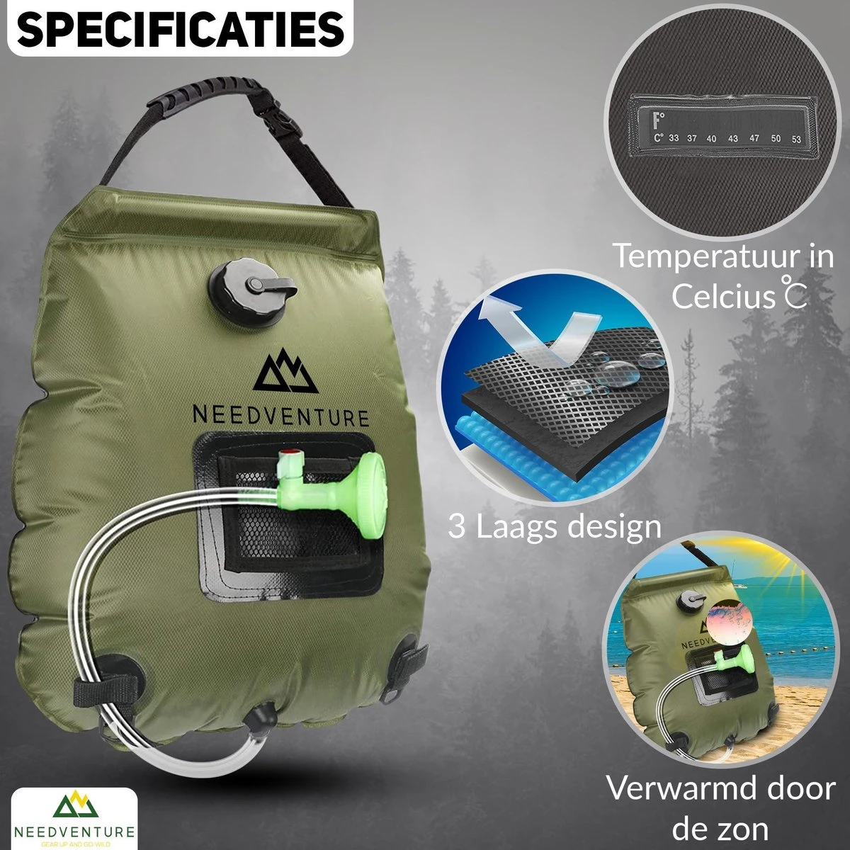 Needventure Solar Douche - Camping Douchezak - Buiten Douche - Tuindouche - Inclusief Thermometer - Waterzak Met Douchekop - 20L - Groen - Afbeelding 5