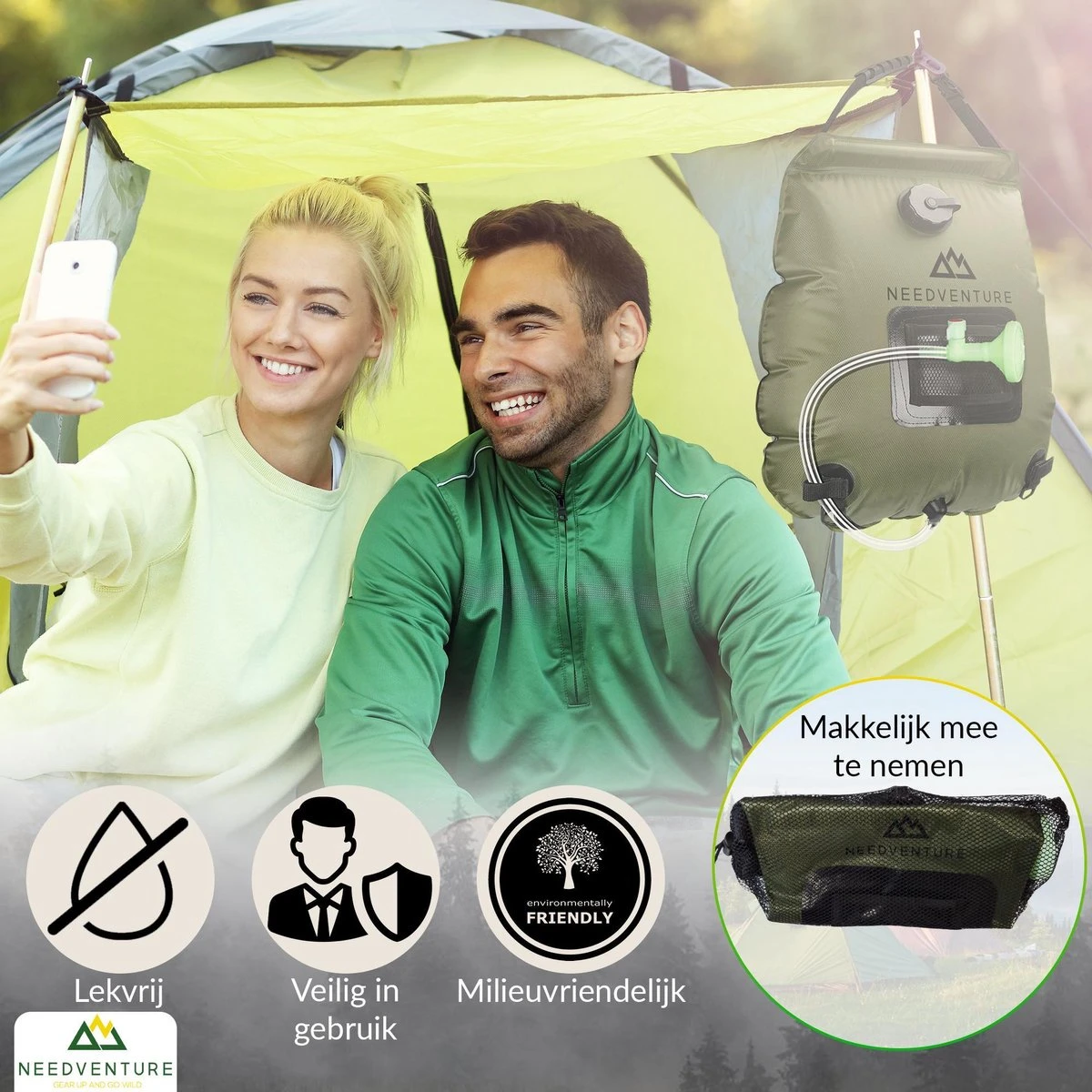 Needventure Solar Douche - Camping Douchezak - Buiten Douche - Tuindouche - Inclusief Thermometer - Waterzak Met Douchekop - 20L - Groen - Afbeelding 6