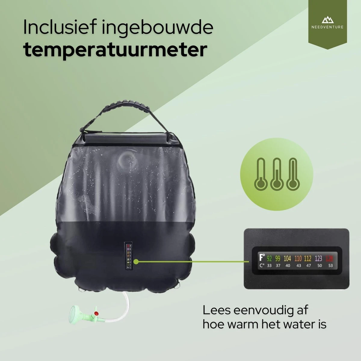 Needventure Solar Douche - Camping Douchezak - Buiten Douche - Tuindouche - Inclusief Thermometer - Waterzak Met Douchekop - 20L - Zwart - Afbeelding 2
