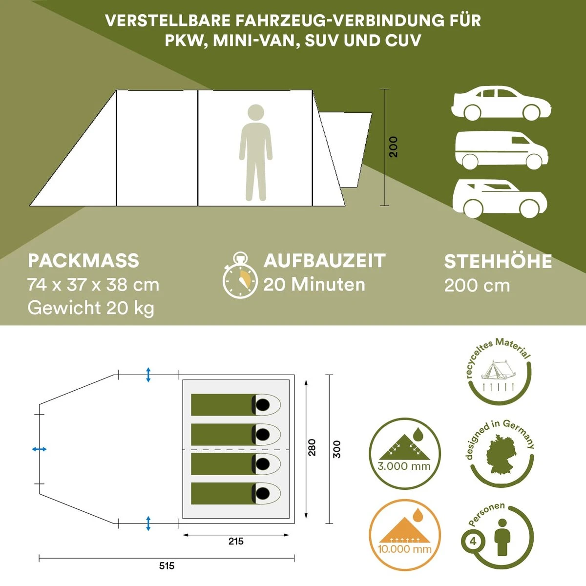 Skandika Pitea XL UP Tent – Koepeltenten - Autotent – 4 Persoons Campingtent Voor SUV, Caddy, Auto, CUV – Vrijstaand – Met/zonder Slaapcabine – Max. Stahoogte 200 Cm – Waterdicht Met 3000mm Waterkolom - 515 X 300 X 200 Cm (LxBxH) – Kamperen - Grijs - Afbeelding 6