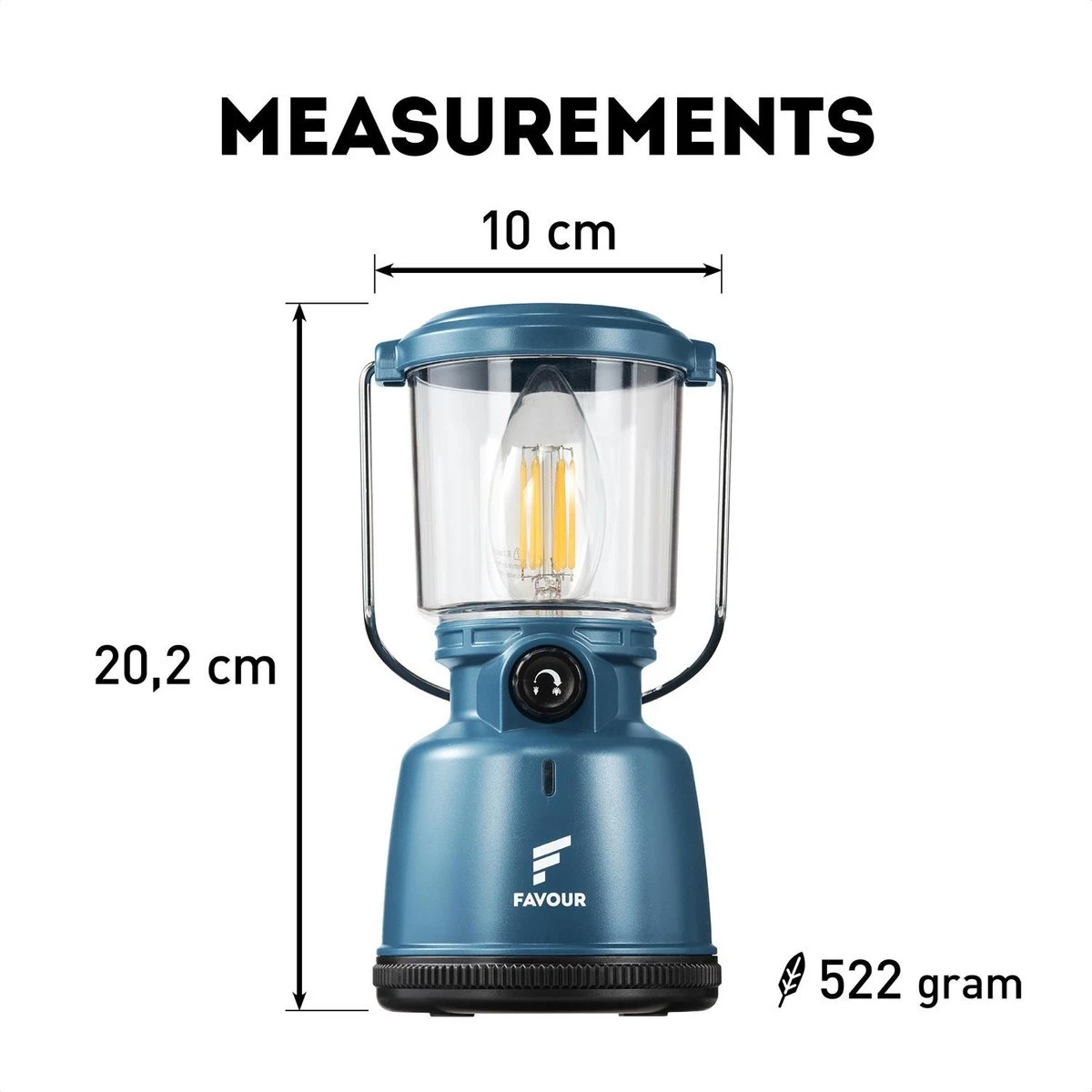 Favour L0818 Retro Camping Lamp Oplaadbaar LED, 320 Lumen, IP64 Waterdicht, Draagbare Kampeerlamp, Tentlamp, Acculamp, Traploos Dimbare Lamp Incl. Kaarslicht-modus, Blauw - Afbeelding 2
