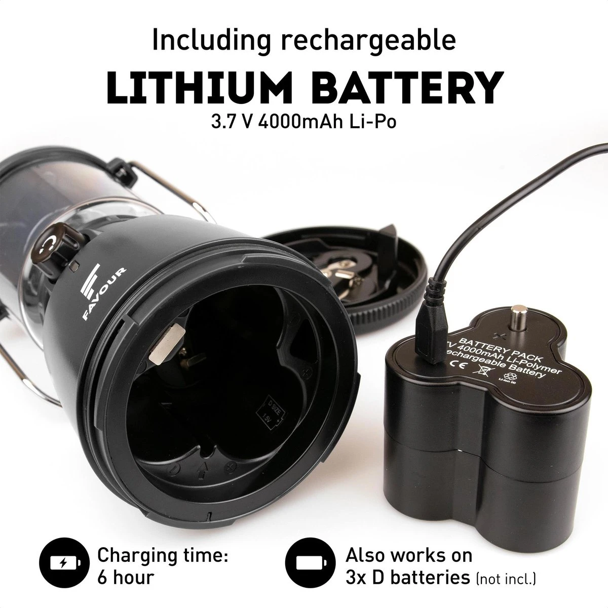 Favour L0818 Retro Camping Lamp Oplaadbaar LED, 320 Lumen, IP64 Waterdicht, Draagbare Kampeerlamp, Tentlamp, Acculamp, Traploos Dimbare Lamp Incl. Kaarslicht-modus, Zwart - Afbeelding 4