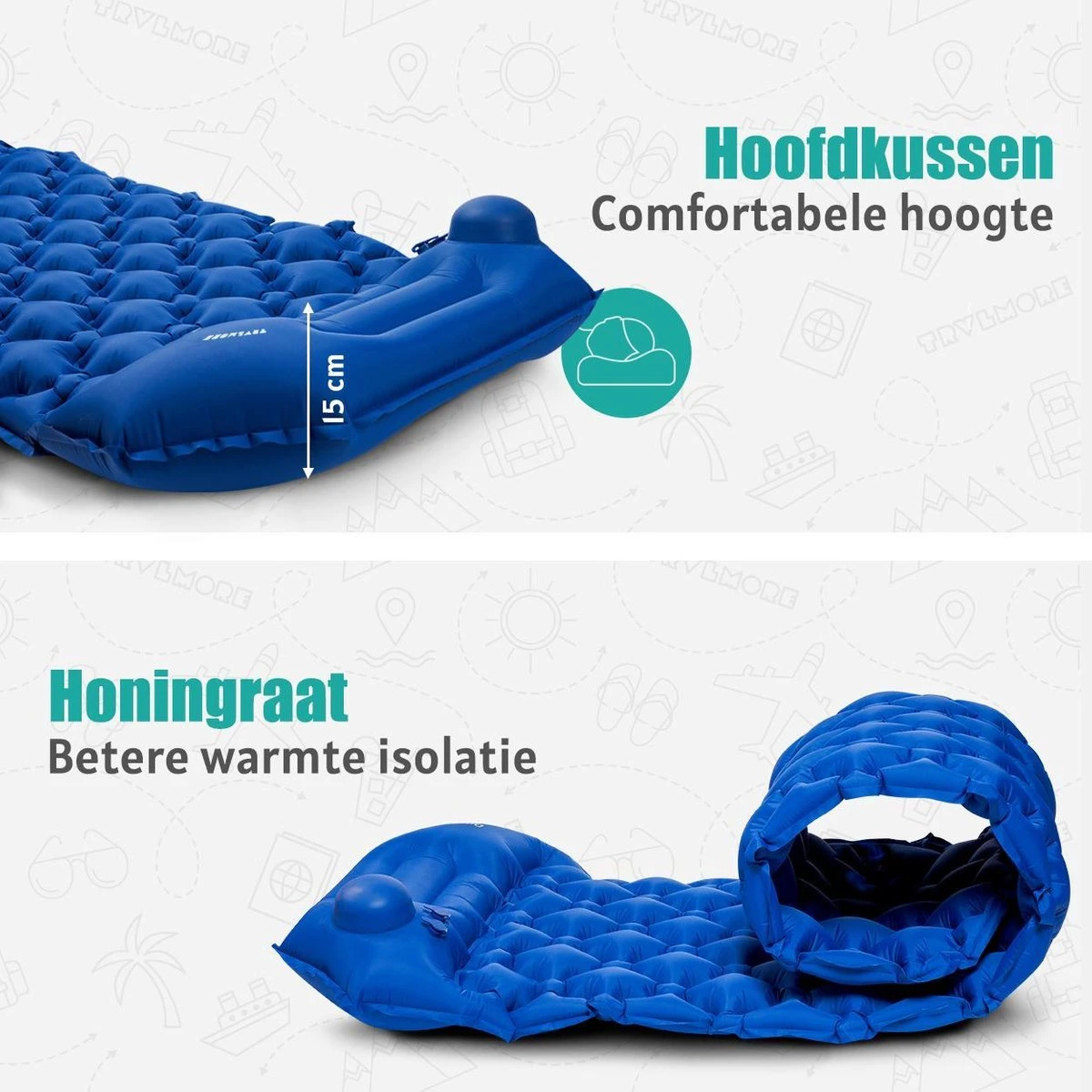 TRVLMORE Slaapmat - Zelfopblazend - 1 Persoons - Ingebouwde Pomp En Kussen - Blauw - Afbeelding 5