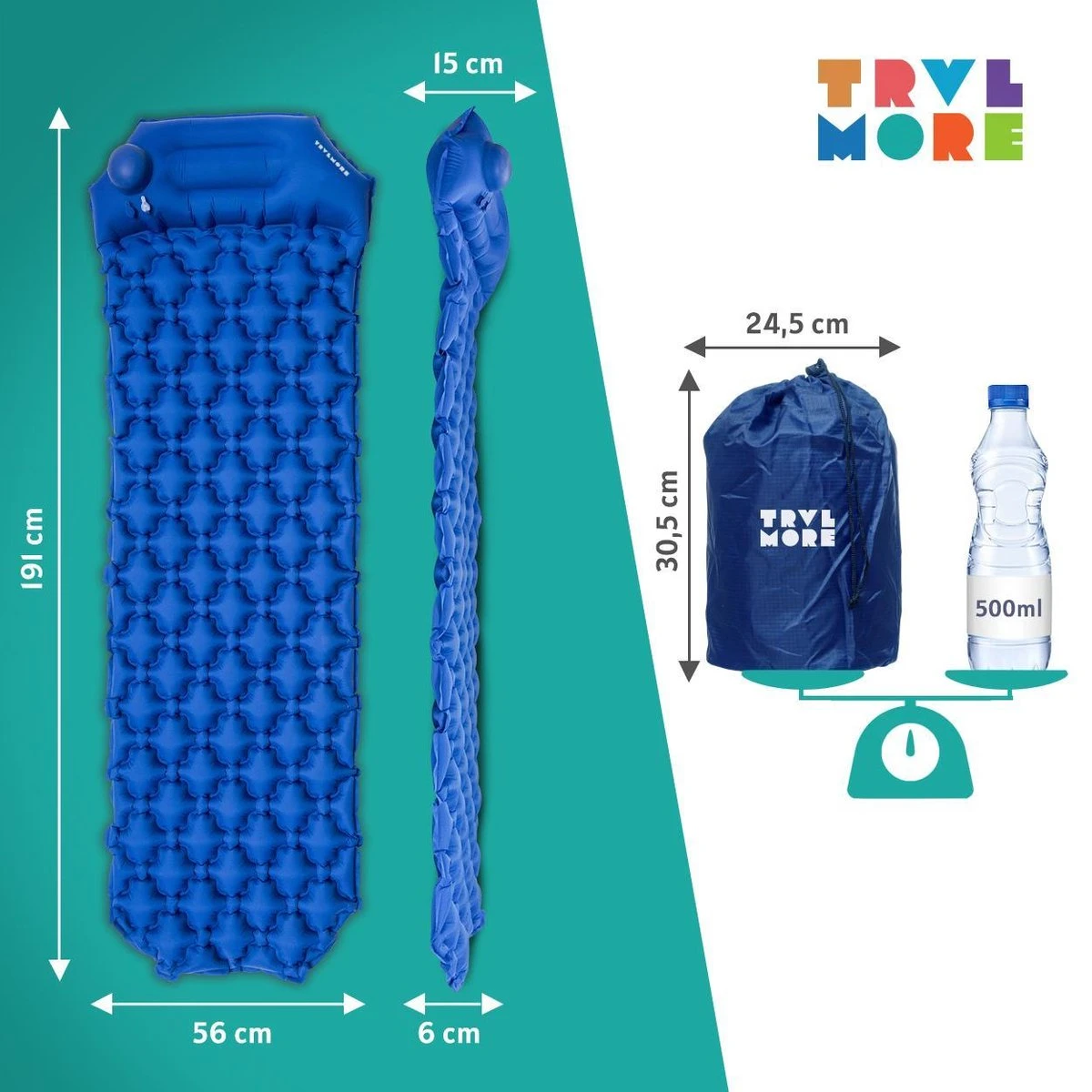TRVLMORE Slaapmat - Zelfopblazend - 1 Persoons - Ingebouwde Pomp En Kussen - Blauw - Afbeelding 8