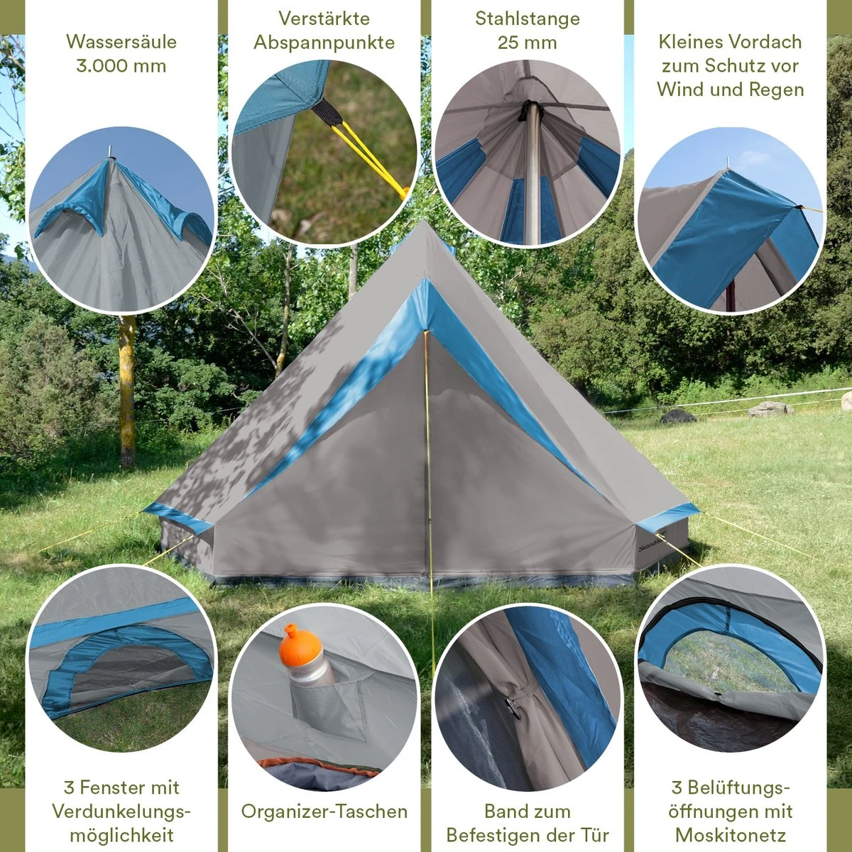Skandika Tipii II Tent – Tipi-tenten – Teepee – 8 Persoons Campingtent – Muggengaas – 250 Cm Stahoogte – Uitneembare Tentvloer – 3000 Mm Waterkolom – Indische Tent, Partytent, Festivaltent – Outdoor, Camping, Tuin – Kamperen – Grijs/turquoise - Afbeelding 2