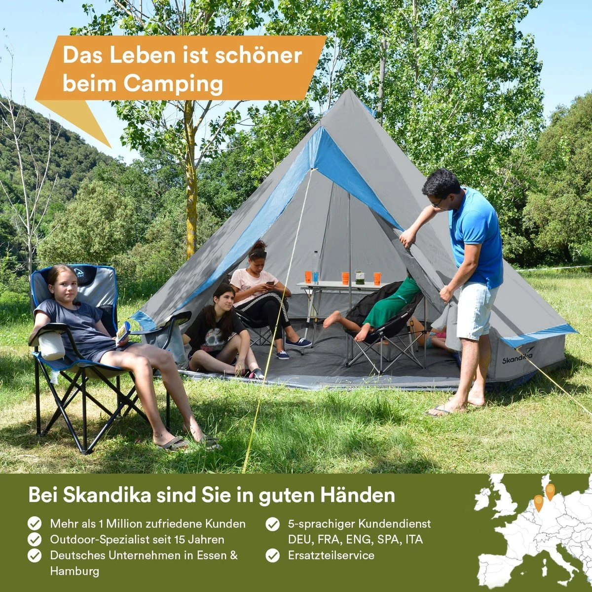 Skandika Tipii II Tent – Tipi-tenten – Teepee – 8 Persoons Campingtent – Muggengaas – 250 Cm Stahoogte – Uitneembare Tentvloer – 3000 Mm Waterkolom – Indische Tent, Partytent, Festivaltent – Outdoor, Camping, Tuin – Kamperen – Grijs/turquoise - Afbeelding 3