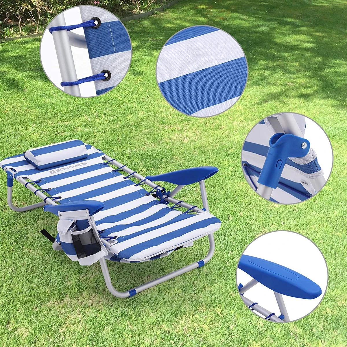 Naqsh Store Strandstoel Met Hoofdkussen, Aluminium, Draagbare Vouwstoel, Campingstoel, Opvouwbaar En Verstelbaar, Zoals Een Rugzak Draagbaar, Buitenstoel, Blauw En Wit Gestreept GCB62BU - Afbeelding 9