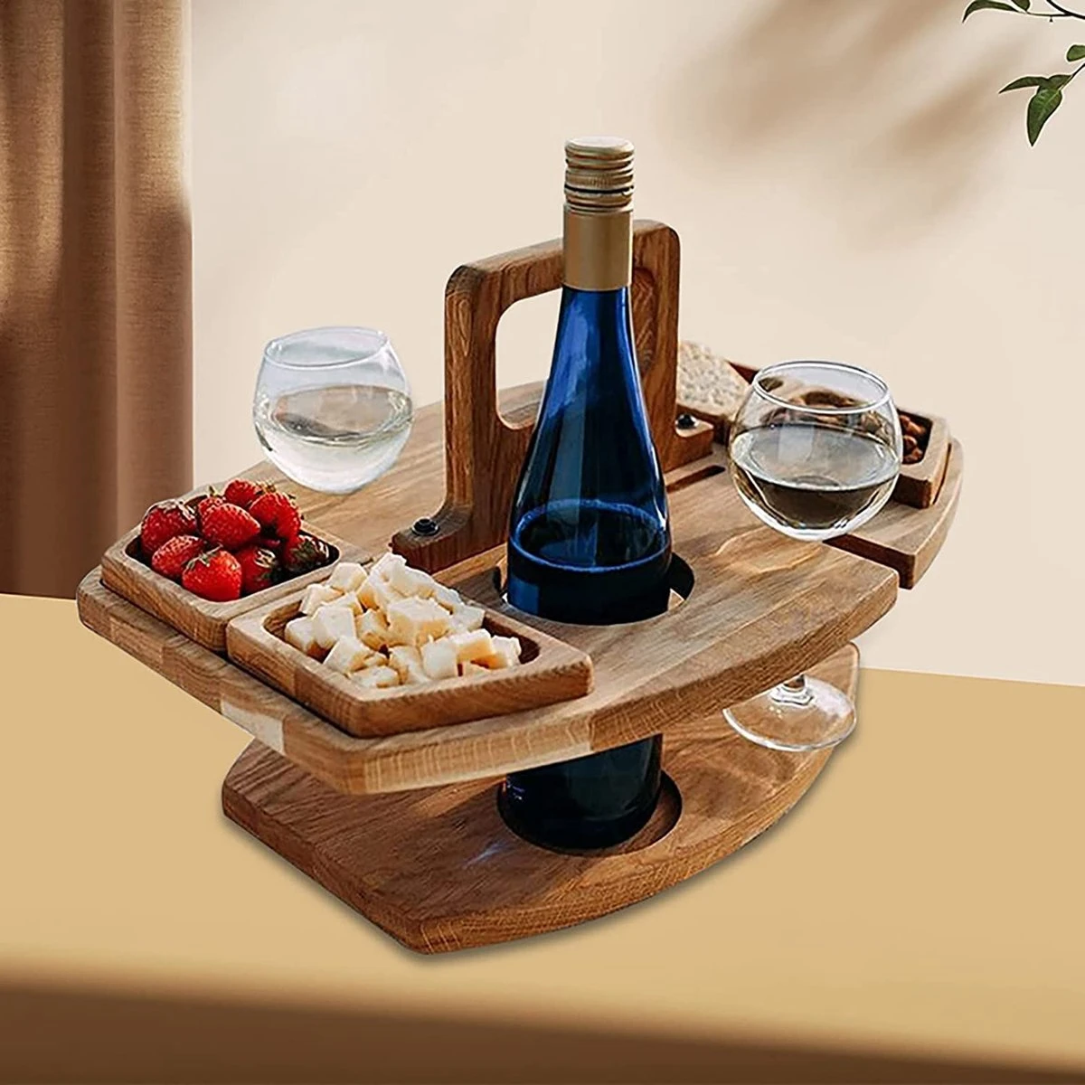 Merkloos Houten Outdoor Wijntafel Draagbare Houten Picknicktafel Mini Campingtafels Met Wijnglas Houder Voor Tuin Outdoor Camping Picknick Strand - Plataan Hout - Wijn - Afbeelding 5