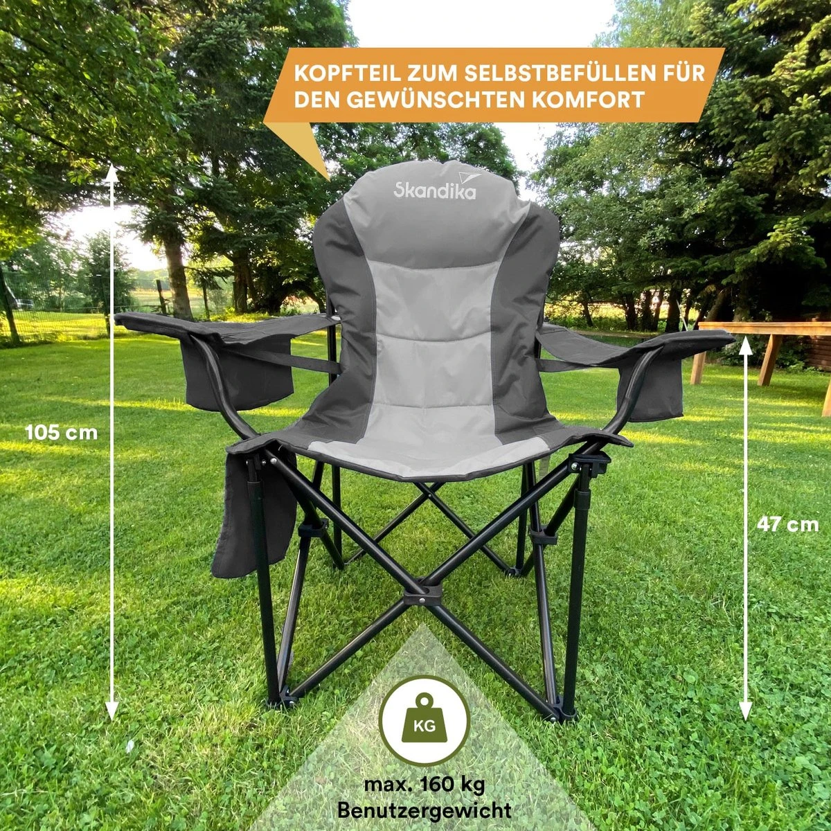 Skandika Relax Comfort Campingstoel - Campingstoel Opvouwbaar - Comfortabele Klapstoel Met Drinkhouder En Koelvak, Tot Max. 160 Kg, Opvouwbaar, Lichtgewicht | Vouwstoel Voor Kamperen, Camping, Festival, Vissen – Grijs - Afbeelding 7