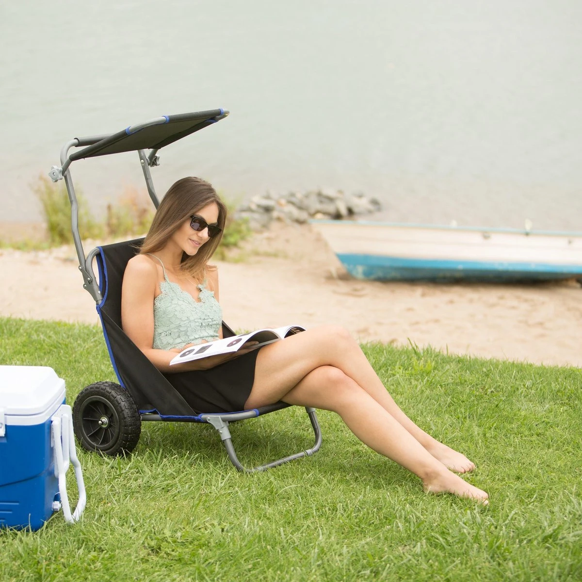 Relaxdays Strandkar Opvouwbaar - Strandstoel Met Zonnedak - Strand Stoel Op Wielen - Afbeelding 2