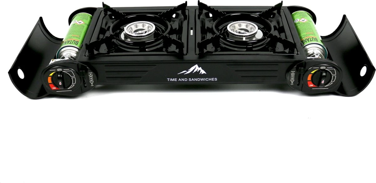 T&S - Draagbaar Dubbel Gasvuur Met Grillplaat - Camping Kooktoestel - Kookstel - Bakplaat - Gasfornuis - 2 Pits - Elektrische Ontsteking - Kookvuur - Kampeer Vuur - Afbeelding 3