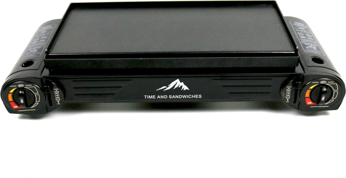 T&S - Draagbaar Dubbel Gasvuur Met Grillplaat - Camping Kooktoestel - Kookstel - Bakplaat - Gasfornuis - 2 Pits - Elektrische Ontsteking - Kookvuur - Kampeer Vuur - Afbeelding 2