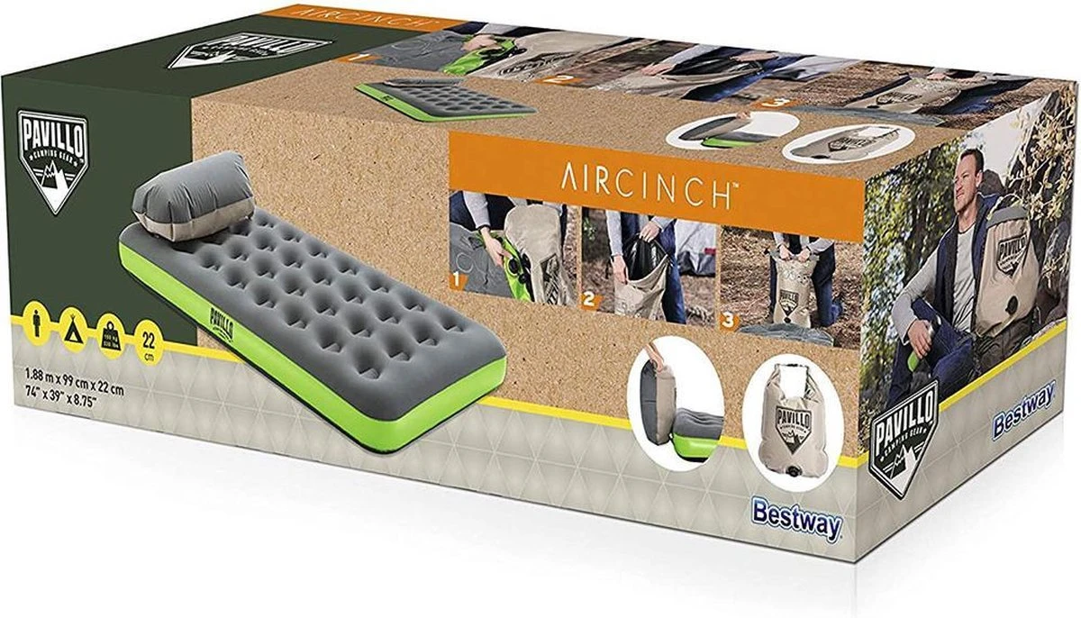 Bestway 1-Persoons Luchtbed Roll & Relax - 188 X 99 X 22 CM - Incl. 3-in-1 Reistas, Kussen En Handpomp - Binnen 50 Sec Opgeblazen - Binnen- En Buitengebruik - Afbeelding 3