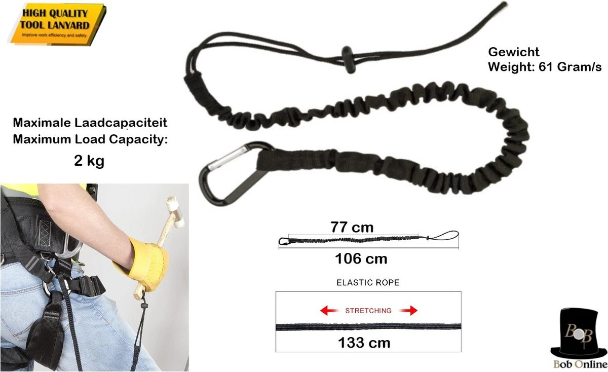 Bob Online ™ - 1 Stuk – Zwart – Gereedschaplijn – Gereedschaplanyard – Elasticate Tool Lanyard – Maximum Load Capacity 2 Kg – Elastisch Gereedschap Lanyard – Gereedschap Valbeveiliging Koord - Afbeelding 4