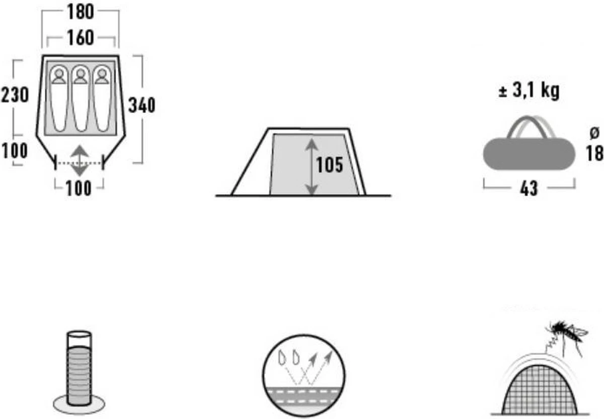 High Peak Lichtgewicht Tunneltent Kite 3 LW, Trekking Tent 3 Personen, 3,1 Kg, Aluminium Stokken, 3000 Mm Waterdicht, Extra Lang 230 Cm - Afbeelding 3
