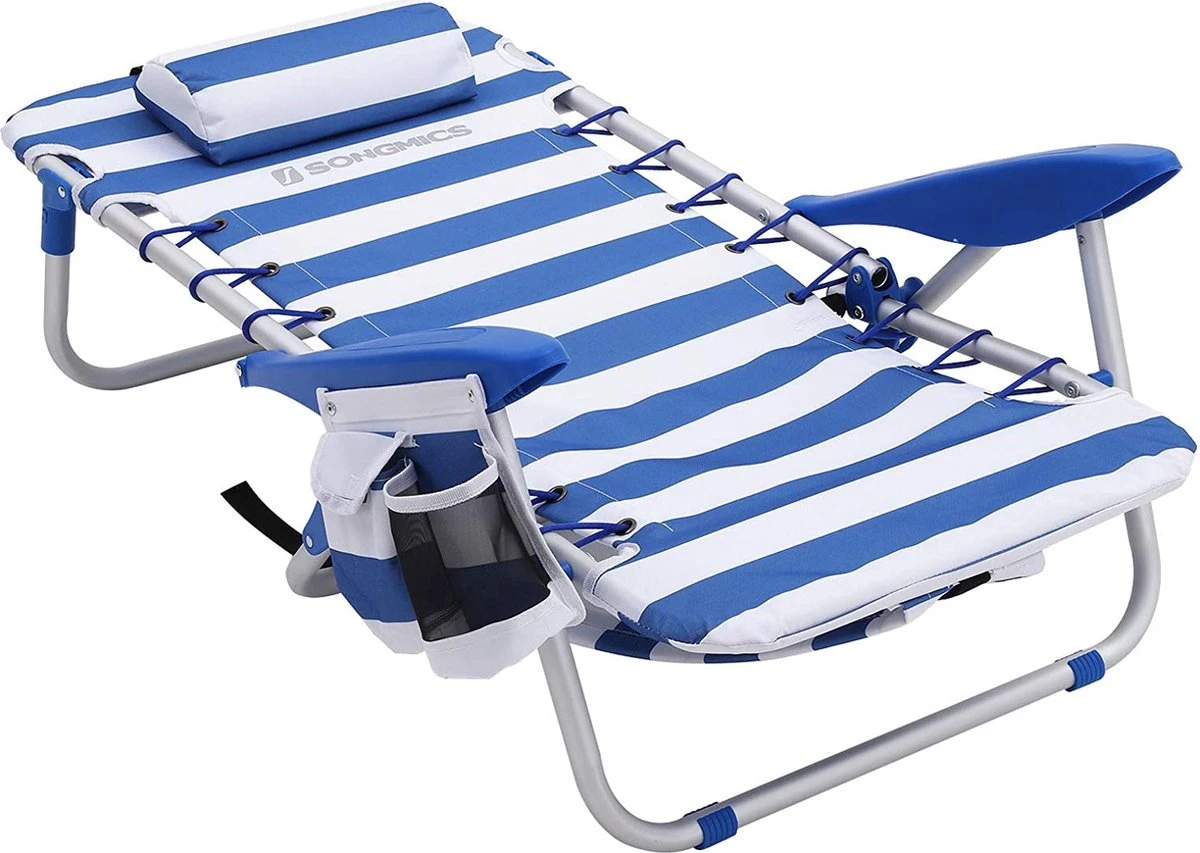 Naqsh Store Strandstoel Met Hoofdkussen, Aluminium, Draagbare Vouwstoel, Campingstoel, Opvouwbaar En Verstelbaar, Zoals Een Rugzak Draagbaar, Buitenstoel, Blauw En Wit Gestreept GCB62BU - Afbeelding 2