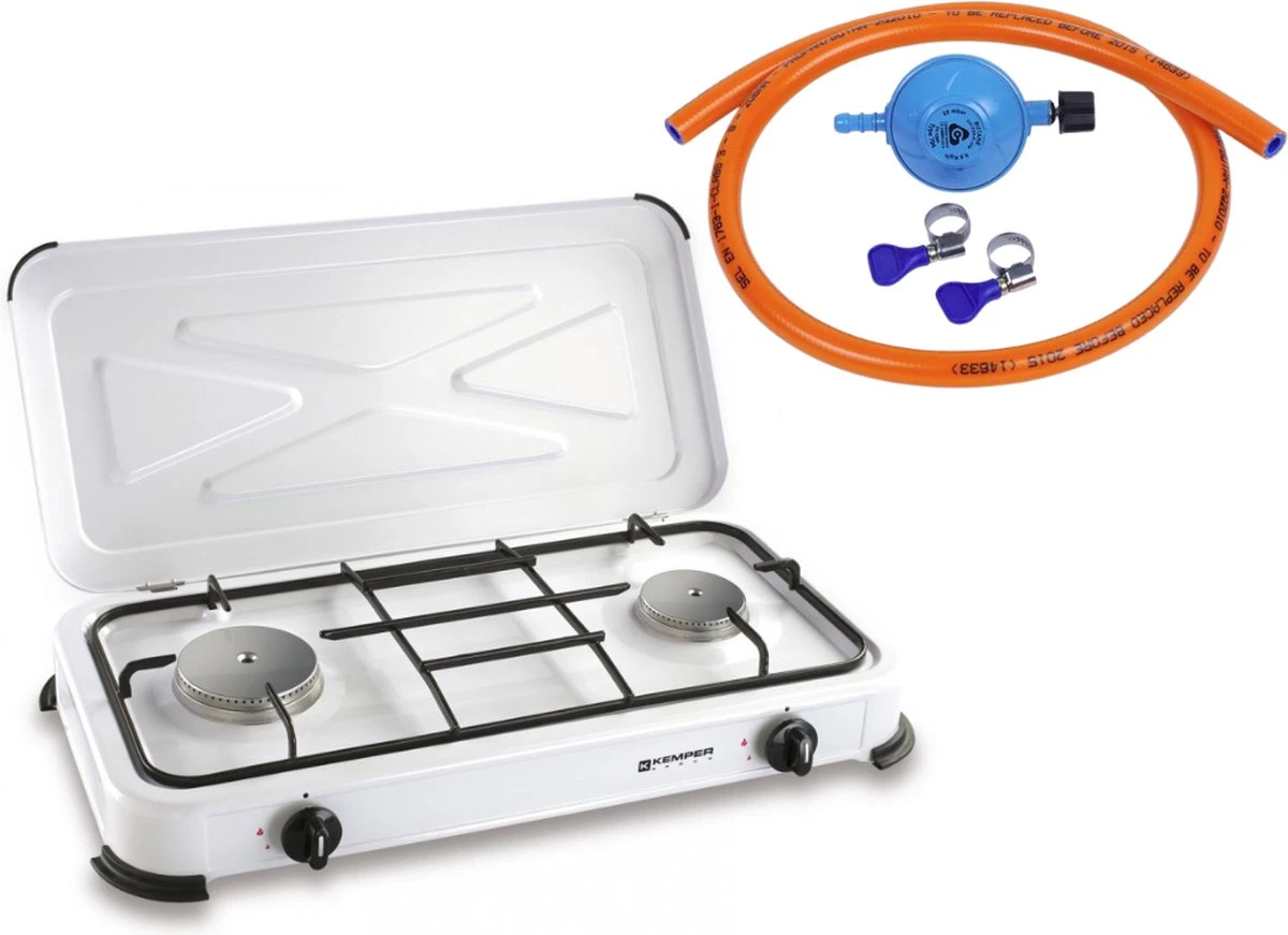 Kemper Gas Kooktoestel - Campingkooktoestel - INCLUSIEF Installatiesetje - Met 2 RVS Branders - 2600W