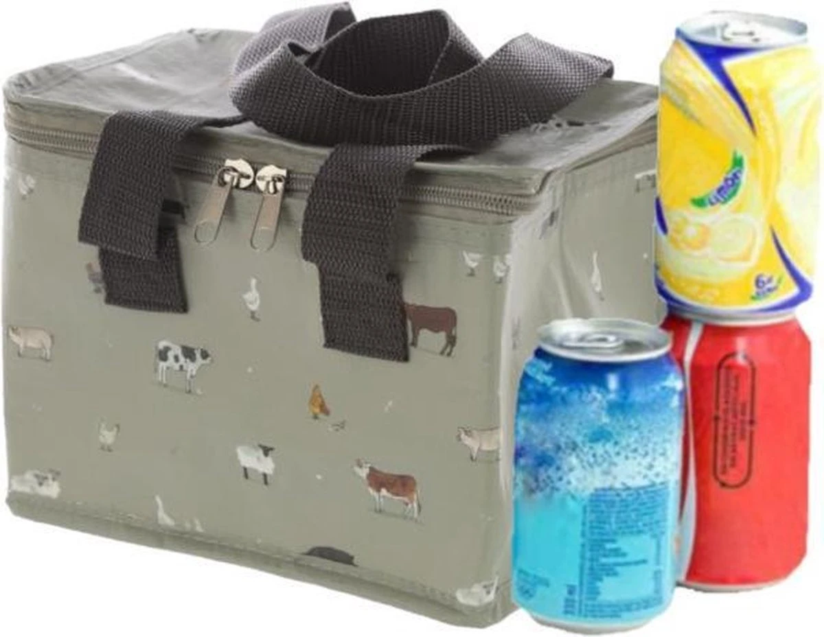 Kleine Koeltas Voor Lunch Grijs Met Boerderij Dieren Print 16 X 21 X 14 Cm 4,7 Liter - Koeltassen - Afbeelding 4