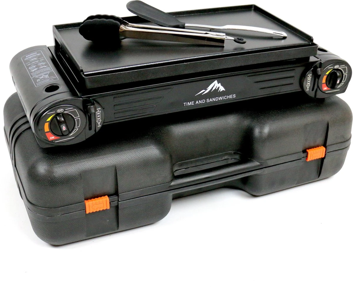 T&S - Draagbaar Dubbel Gasvuur Met Grillplaat En Transportkist - Camping Kooktoestel - Kookstel - Bakplaat - Gasfornuis - 2 Pits - Elektrische Ontsteking - Kookvuur - Kampeer Vuur