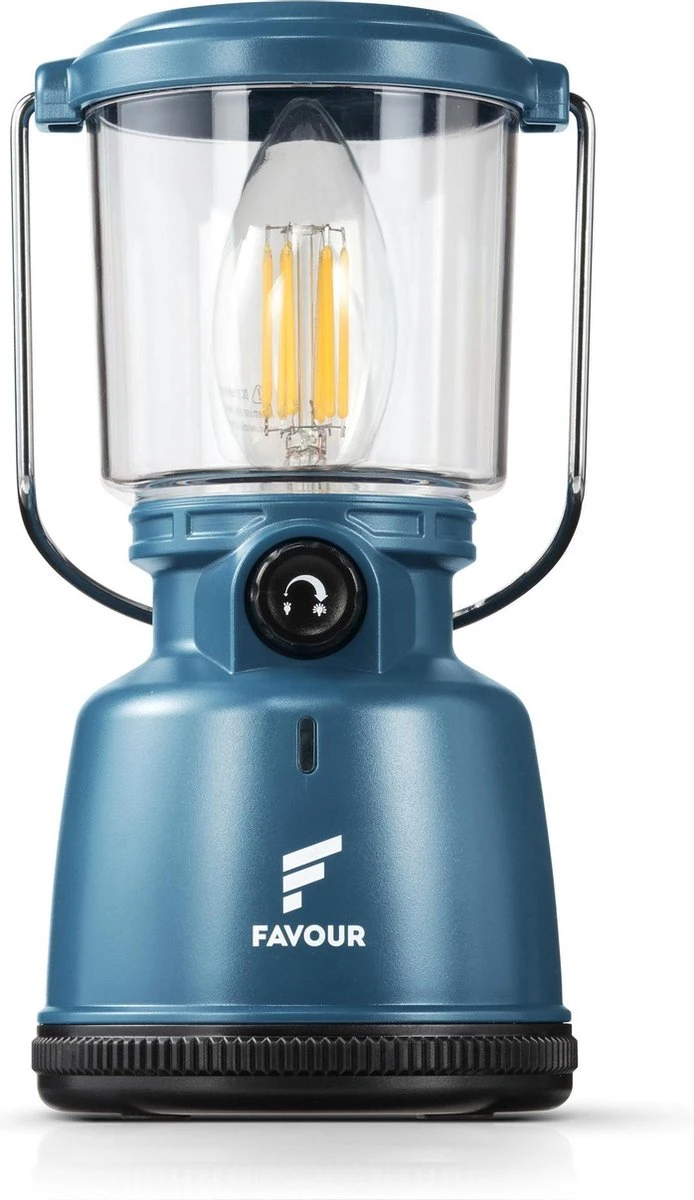 Favour L0818 Retro Camping Lamp Oplaadbaar LED, 320 Lumen, IP64 Waterdicht, Draagbare Kampeerlamp, Tentlamp, Acculamp, Traploos Dimbare Lamp Incl. Kaarslicht-modus, Blauw