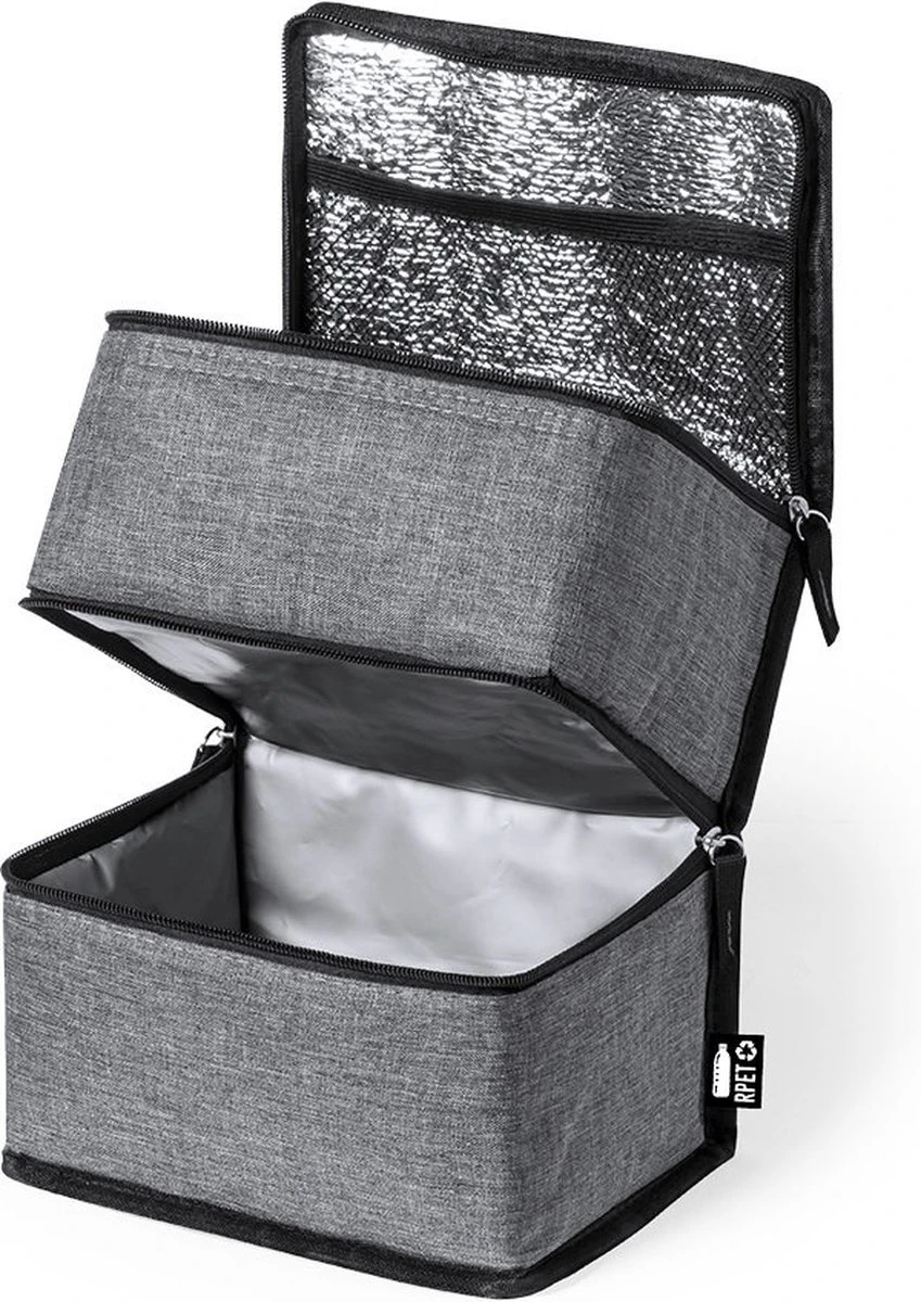 Merkloos Koeltas Met Dubbel Compartiment - Lunchtas - Koeltasje Lunch - Koelelementen - Koud - Warm - Isolatie - Volwassenen - Dames - Heren - 14 X 22 Cm - Polyester - RPET - Aluminium - Grijs - Afbeelding 6