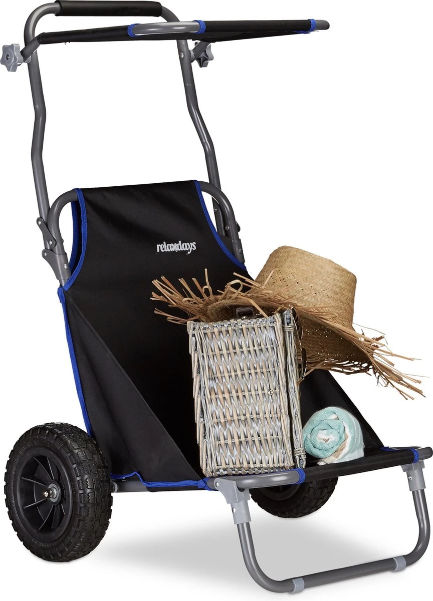 Relaxdays Strandkar Opvouwbaar - Strandstoel Met Zonnedak - Strand Stoel Op Wielen